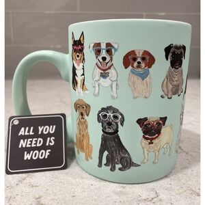 DOGS IN GLASSES & BANDANNAS Aqua Blue Soft Touch Mug Gift Tag Assorted Dog NEW